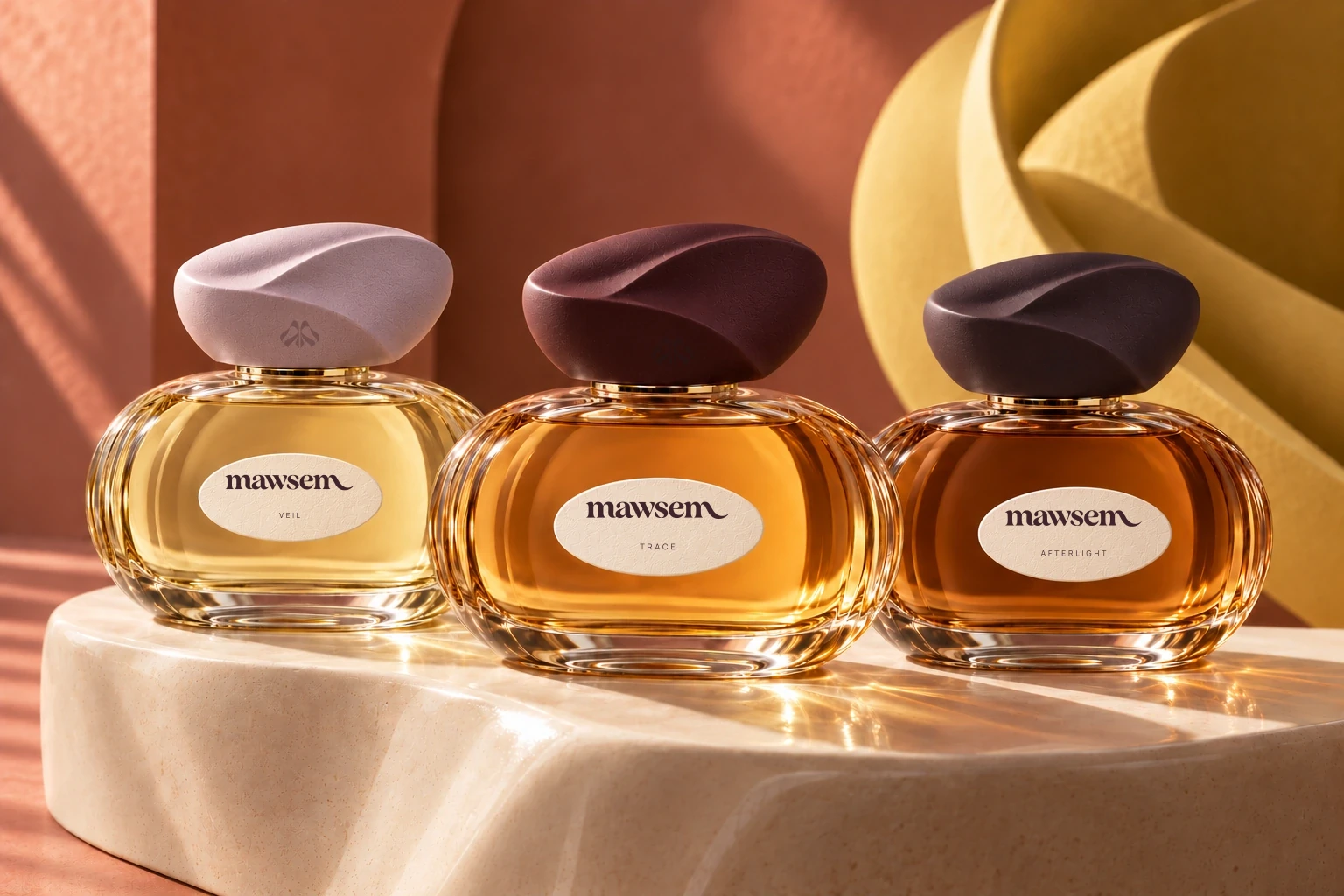 VEIL, TRACE and AFTERLIGHT: three fragrance bottles sharing an oval glass form and folded cap