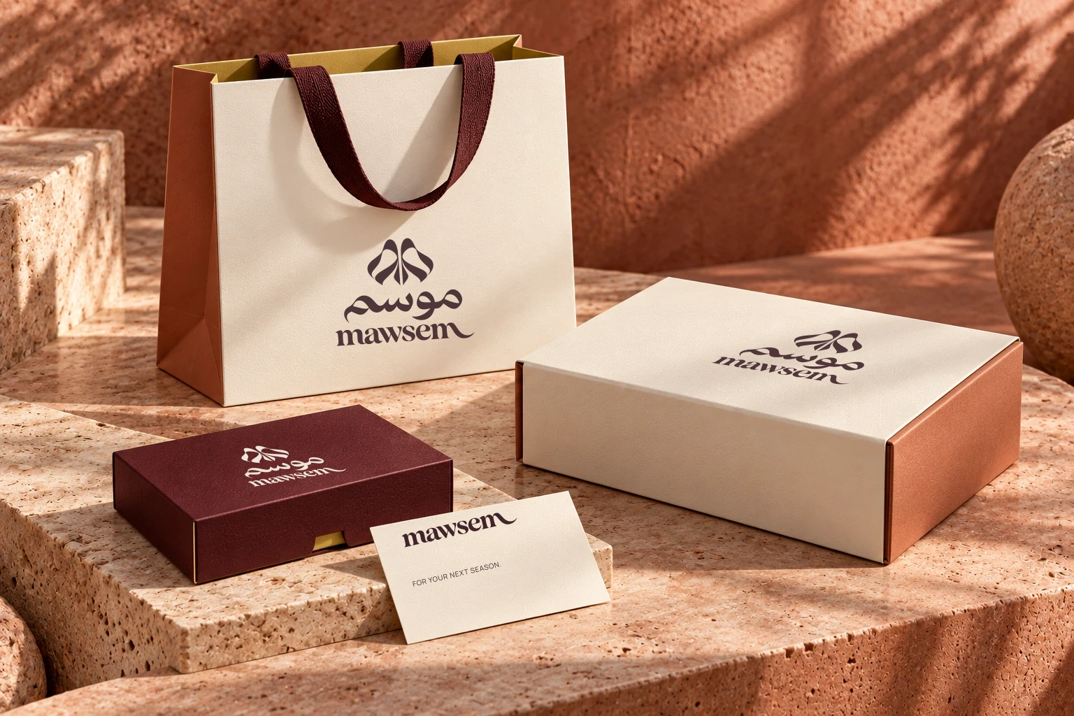 MAWSEM gift bag, presentation sleeve and personal note in wine, ivory and clay