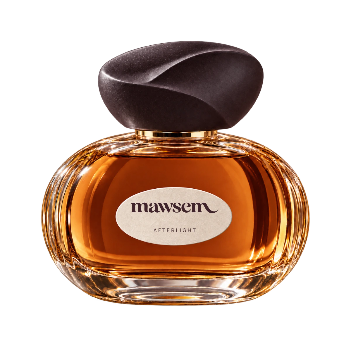 A closer view of the AFTERLIGHT 50 ml fragrance bottle and dark folded cap