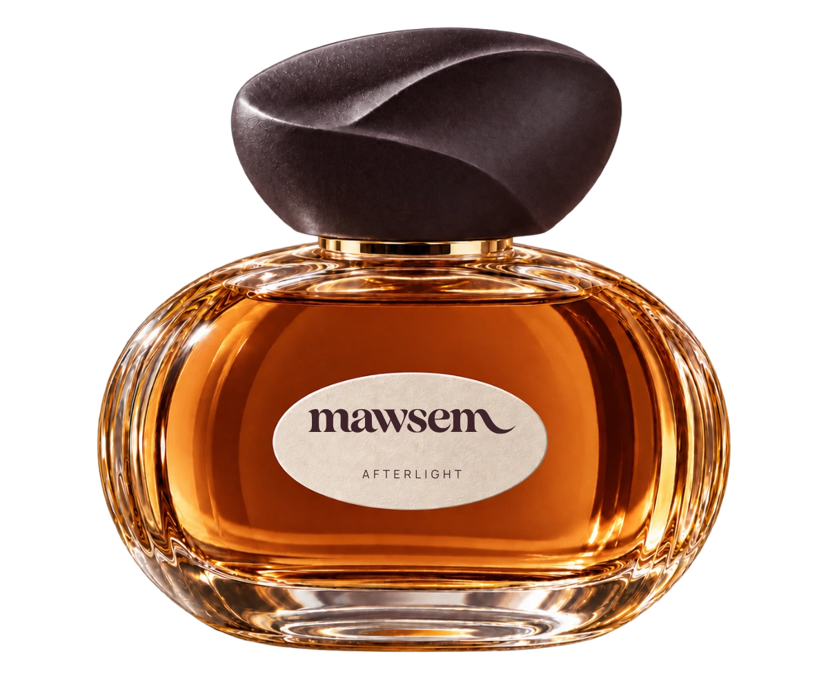 AFTERLIGHT, 50 ml fragrance in an oval glass bottle with an ivory label and dark folded cap