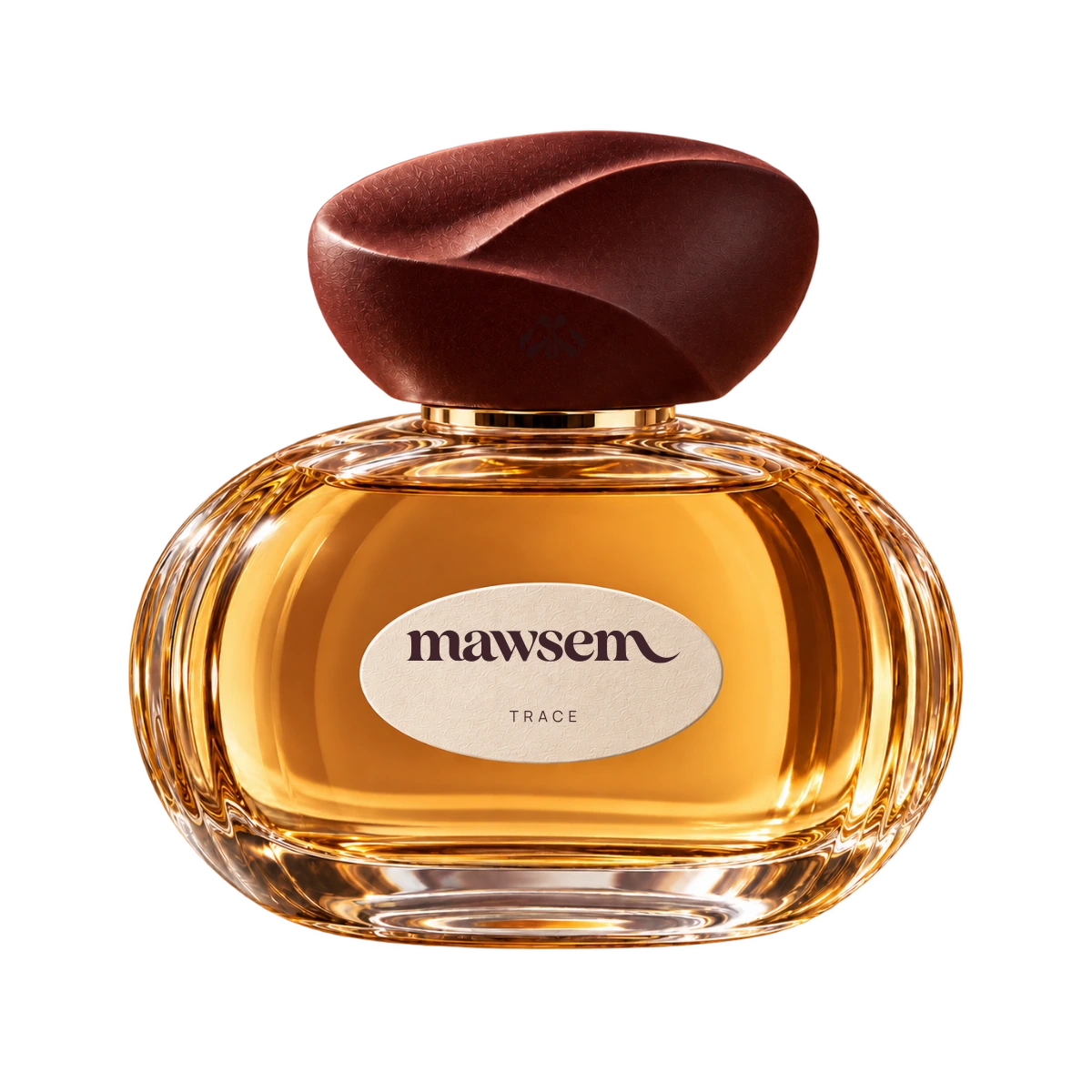 A closer view of the TRACE 50 ml fragrance bottle and wine-colored folded cap