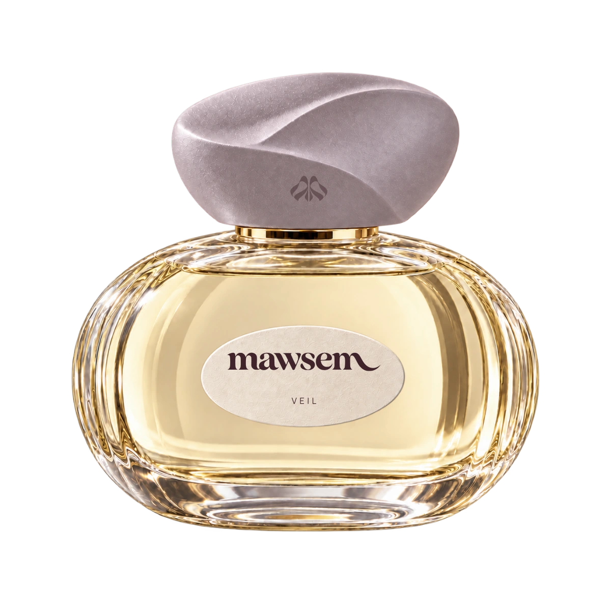A closer view of the VEIL 50 ml fragrance bottle and pale mauve folded cap