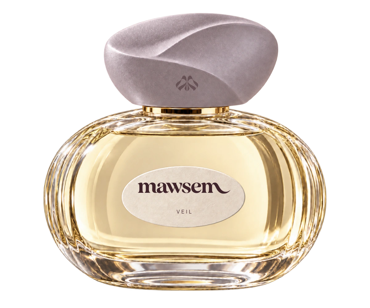 VEIL, 50 ml fragrance in an oval glass bottle with an ivory label and pale mauve folded cap