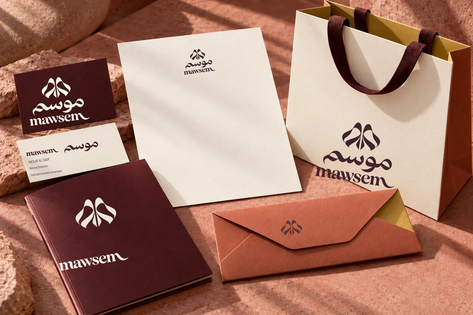 MAWSEM ivory stationery with the wine-colored bilingual wordmark and folded emblem